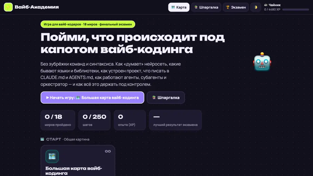 Карта «Вайб-Академии»: курс-игра по вайб-кодингу — 18 миров, 250 шагов, шпаргалка и финальный экзамен
